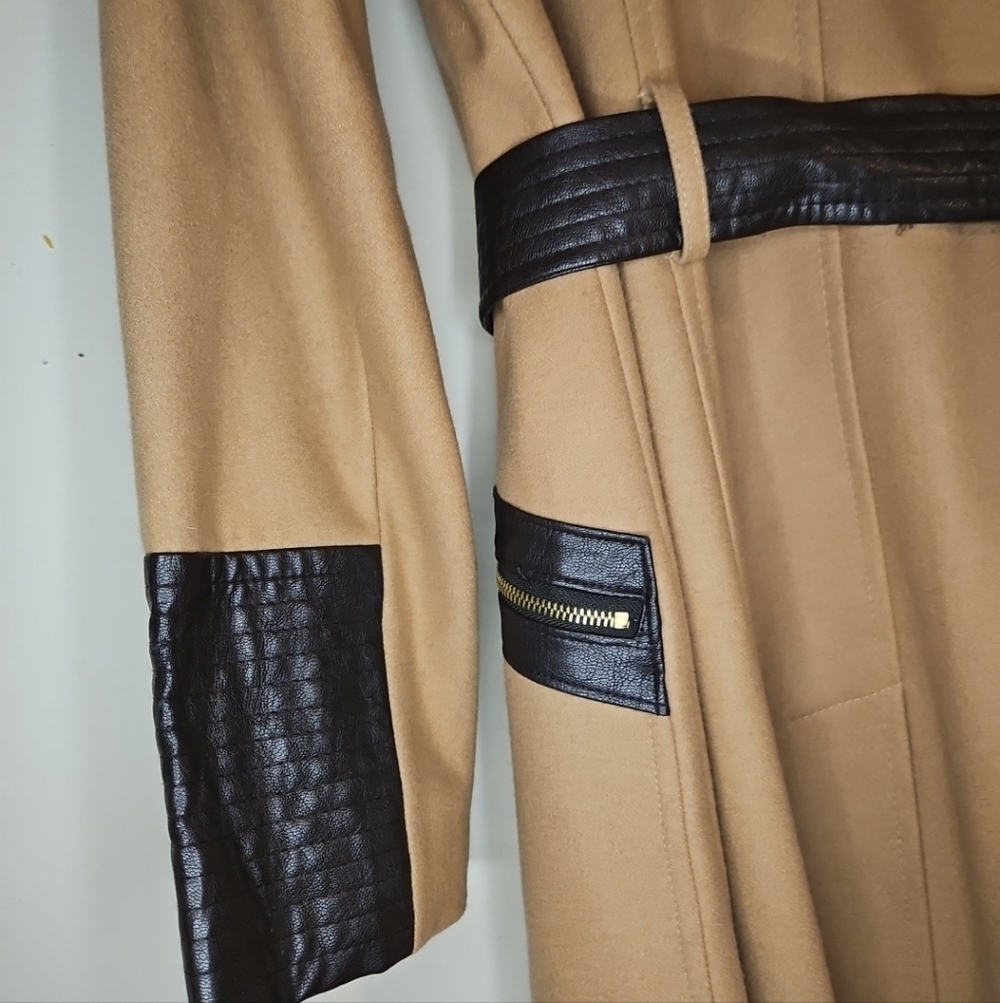 Y2K Vintage Via Spiga Camel Wool Leather Coat Faux Fur Collar Belted Women’s S12 - Picture 7 of 13